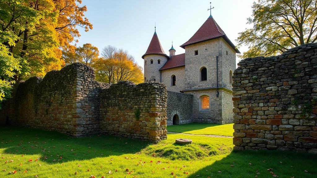 Vēsturiska Lēdurgas pils drupas ar akmens mūriem starp zaļiem kokiem rudens saules apgaismojumā