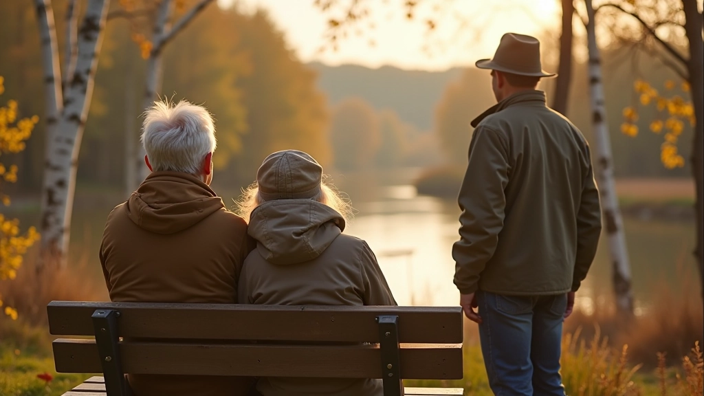 Seniori pārgājienas izklaidēti laukos, viens sēž uz soliņa, otrs fotogrāfē upes skatu